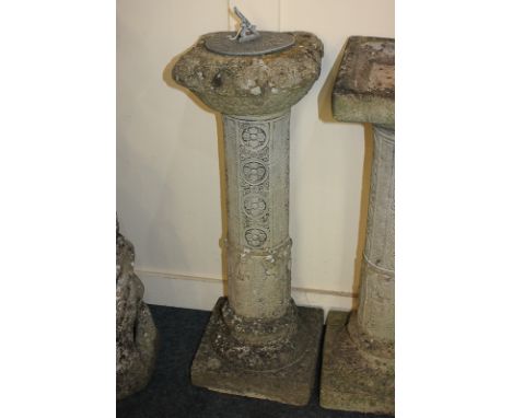 A garden composition stone sundial on decorative cylindrical column, and a matching bird bath, 77cm
