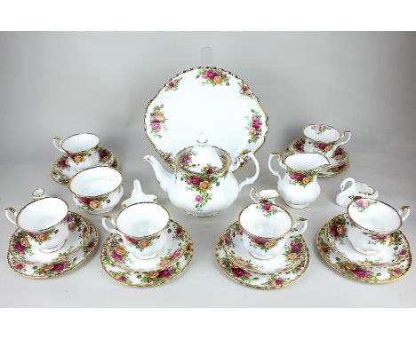 A Royal Albert Old Country Roses porcelain tea set for six, including teapot, milk jug, sugar bowl, cake plate, six plates, s