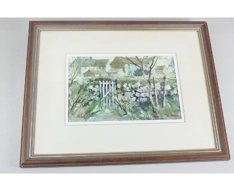 Tom Groom, view of buildings 'Wall and Gate', watercolour, signed, 13cm by 20cm