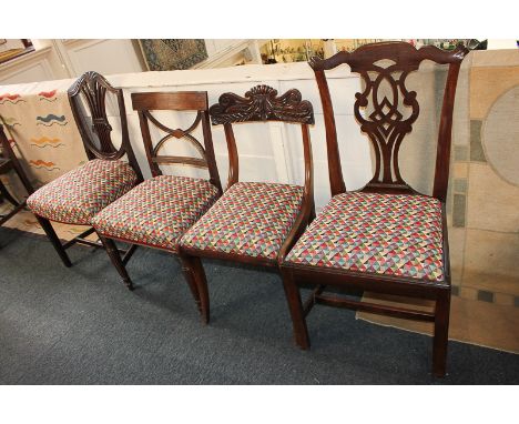 A group of four various 19th century dining chairs in Chippendale, Hepplewhite and Regency styles, with matching modern uphol