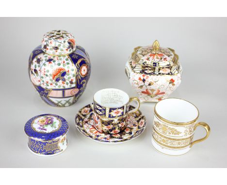 A Royal Crown Derby porcelain pot and cover in Imari pattern, a coffee can and saucer, a Crown Staffordshire pot pourri, a Pa