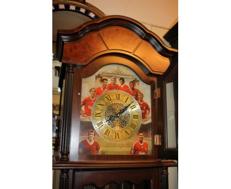 Liverpool Football Club, a modern walnut and mahogany veneered reproduction longcase clock, the domed dial with printed desig