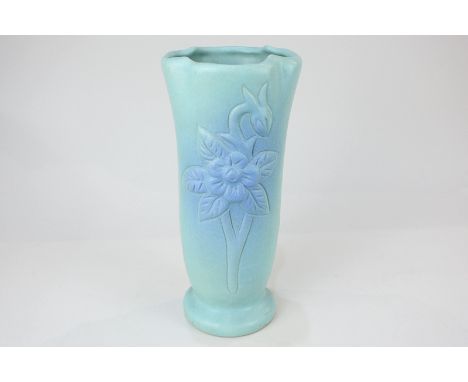 A Van Briggle American studio pottery vase in aqua matte glaze decorated with a columbine, the Colorado State flower, impress