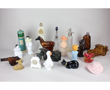 A collection of nineteen Avon glass ceramic and plastic perfume bottles in various shapes, including a cannon, a motorbike, a