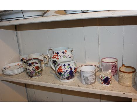 A collection of 19th century lustre ware including a saucer stating 'Ladies all I pray make free and tell me how you like you