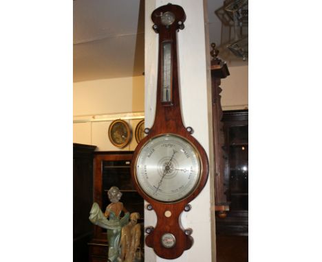 A George III mahogany cased banjo barometer with four silverised dials and opalescent detail, 102cm, (a/f)