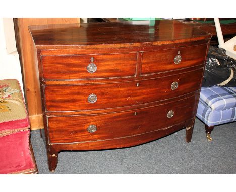 A Victorian mahogany bowfront chest of two short over two long drawers, on bracket feet, 103.5cm, (a/f)