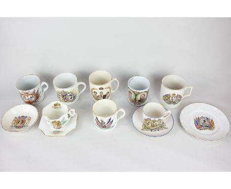A collection of Victorian and later commemorative china, including an 1887 Jubilee cup and saucer, a 1907 Coronation mug, a F