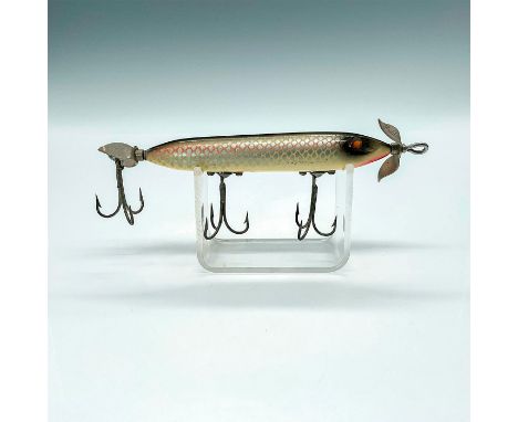 Early lure with stamped propellers in front and back, triple reinforced hooks, spooky glass eyes, and silver shiner scale fin