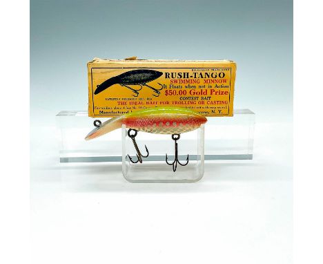 Great early wooden lure painted with green top, red side strip, and tan belly. Two treble hooks attached to the bottom. This 