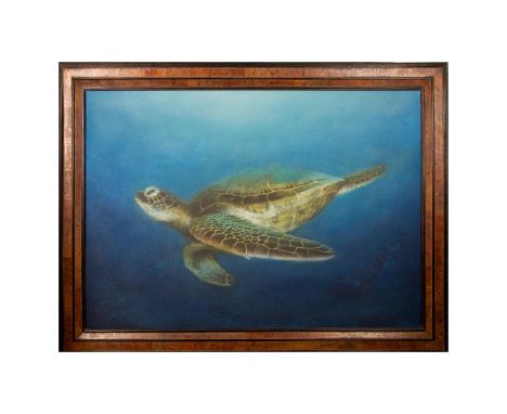 Massive acrylic and oil on canvas of a realistic "Green Sea Turtle" that lifts its head toward the light to break the surface