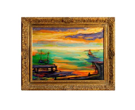 Oil painting on board by D. Ginsbirg. "Seascape at Sunset" is painted in the Fauvism style, with a stunning bright color pale