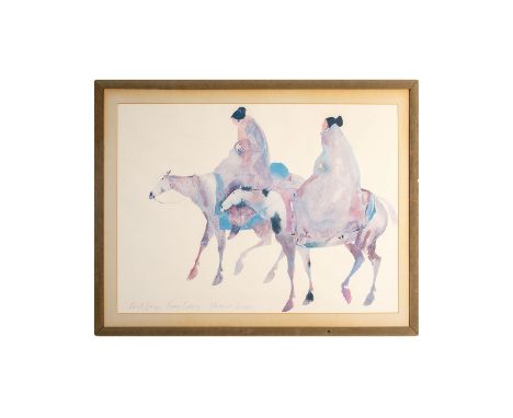 Housed in a wooden frame with a cream-color mat. An art print of a watercolor depicting two Native American women riding hors