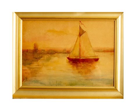 Lovely waterscape of a sailing boat in serene weather by a bank of the lake at Park MacMillan, British Columbia, Canada. The 