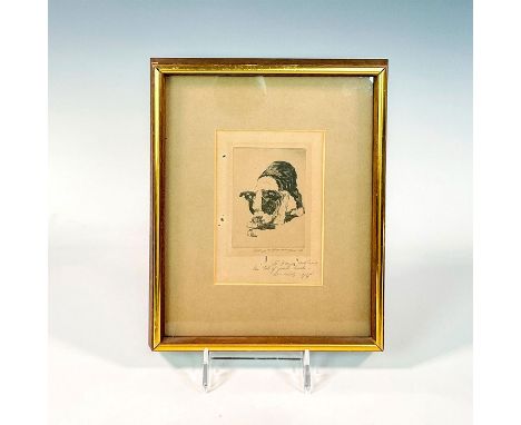 An intaglio print incised using acid into a metal plate. With personal note by artist. Signed lower right by artist and dated
