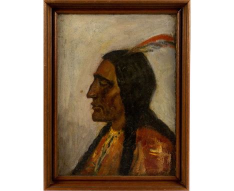 Portrait of a Native American Man on Canvas. No signature found.Measures 16"" x 12"" including frame. Condition:&nbsp;Age rel
