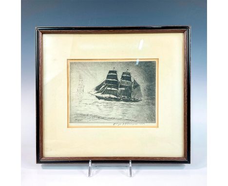 An intaglio print of a ship on the sea incised using acid into a metal plate. Signed lower right by artist and dated 1937. Si