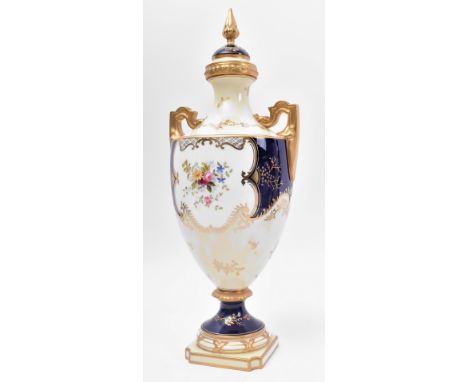 A late Victorian 19th century fine bone china Coalport hand painted urn vase with lid. The vase a finial lid over twin handle
