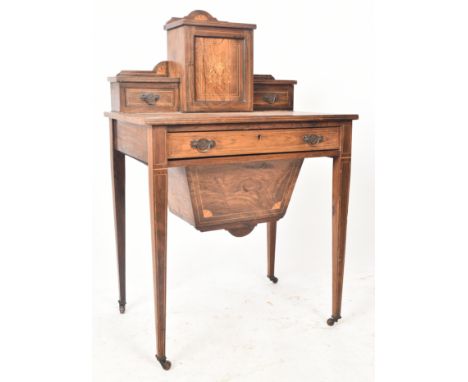 An&nbsp; Edwardian rosewood and marquetry ladies combination bonheur du jour and work table desk. Stepped superstructure with