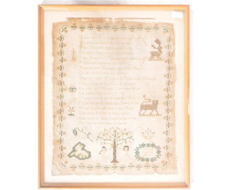 A framed George III 18th century tapestry needlepoint sampler by Hannah Horsfall, aged 13, dated 1785. Containing Bible verse