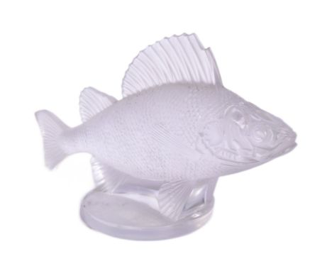 Rene Lalique (1860-1945) - a French frosted and clear glass Perch / Fish car mascot or paperweight. Engraved to the base 'Lal