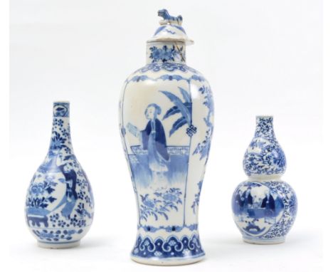 An assortment of three 18th century Kangxi Dynasty Chinese Oriental blue &amp; white hand painted porcelain items. The lot co