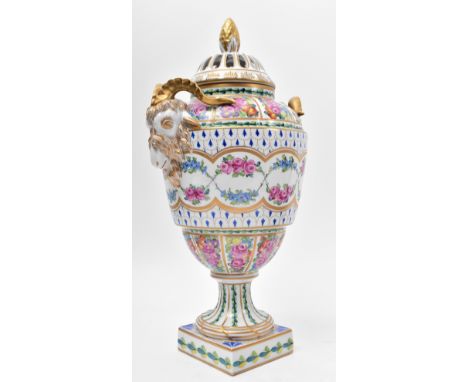 An early 20th century circa 1902 German Continental Dresden fine bone china / porcelain ram handled urn vase. The vase having