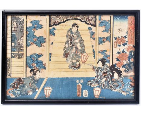 A 19th century Japanese Oriental coloured woodblock print on paper depicting ladies playing games. Ideograms on lower side. F