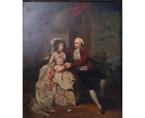 A 19th century French oil on canvas portrait painting of aristocratic family. The painting depicting a lady, gentleman &amp; 