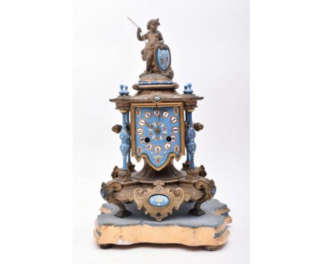 A late 19th century French continental gilt metal &amp; enamel Sevres porcelain style mantle bracket clock. The clock having 