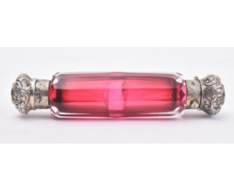 A 19th century Victorian ruby glass and silver plated double-ended scent / perfume bottle phial. Faceted ruby glass body with