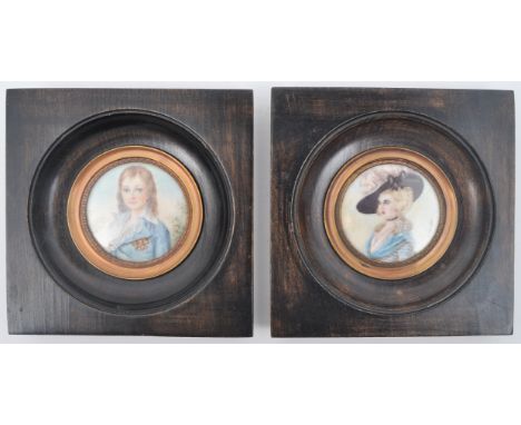 A pair of Victorian 19th century hand painted watercolour on paper miniature portrait studies. Depicting a boy &amp; lady. Ea