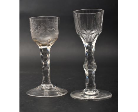 Two George III 18th century circa 1780s crystal hand cut faceted stem cordial glasses. The lot comprising of a circa 1785 cor