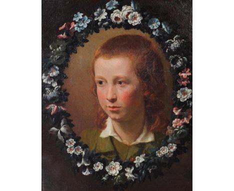 19th century Victorian oil on canvas portrait study painting of a girl. The sitter facing left within a floral garland oval b