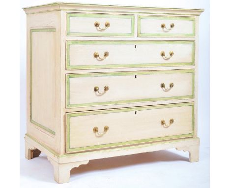 A late 19th century French painted oak commode two over three chest of drawers. The chest having a flared top over a bank of 