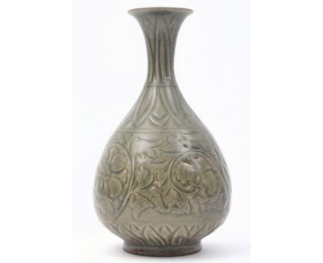 A&nbsp;Jin dynasty (1115-1234) Chinese Oriental ceramic Yaozhou ware celadon decorative bulbous vase. The vase having a flare