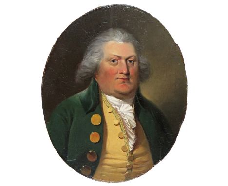 English School 19th Century  Portrait of a gentleman, head and shoulders, wearing a green coat Oil on panel, oval, unframed 3