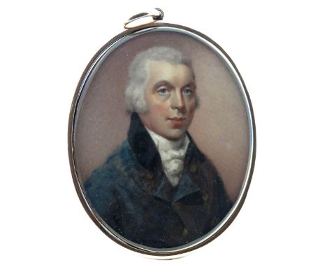 λ English School c.1800 Portrait miniature of a gentleman  Head and shoulders, facing right, wearing a light blue coat with a