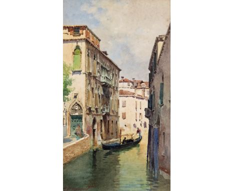 Alberto Prosdocimi (Italian 1852-1925) A gondola on a backwater, Venice Signed Watercolour 29 x 17cm; 11½ x 6¾in ++Some fain 