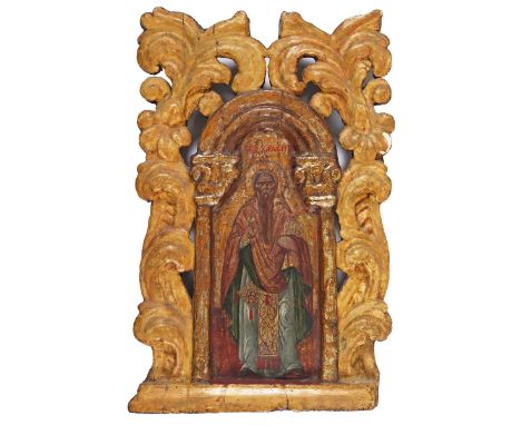 Full length portrait of a saint depicted holding the bible in a tabernacle frame 48 x 31cm; 18¾ x 12in Provenance: Maria Andi