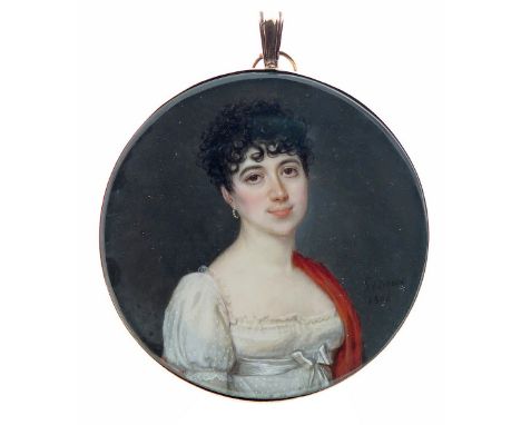 λ Jeanne-Philiberte Ledoux (French 1767-1840) Portrait miniature of a young lady, head and shoulders, wearing a white dress w