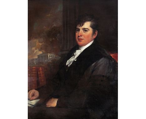 Circle of William Beechey Portrait of a botanist, seated with his books at hand and glasshouses beyond Oil on canvas 91 x 71c