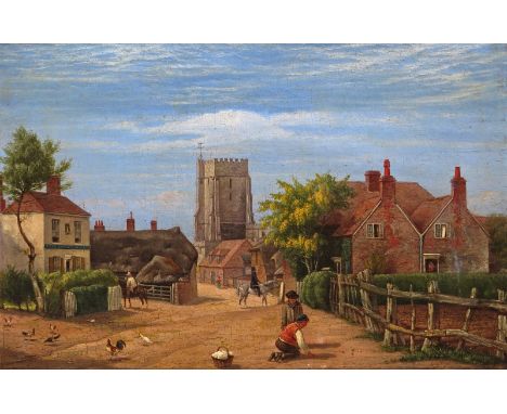 Frederick Ifold (1816-1897) Children playing in a village street, a church behond Signed and dated 1850, the house on left in