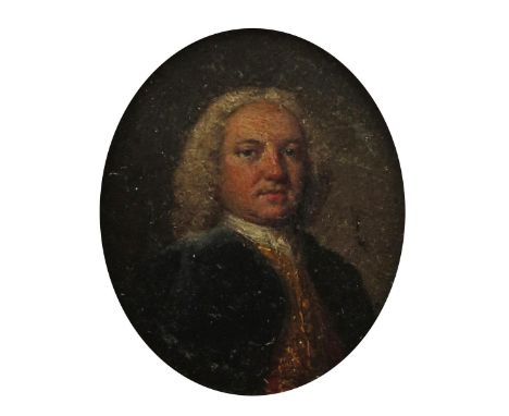 λ English School 18th Century Portrait miniature of a gentleman, head and shoulders in a blue coat and yellow waistcoat Oval,