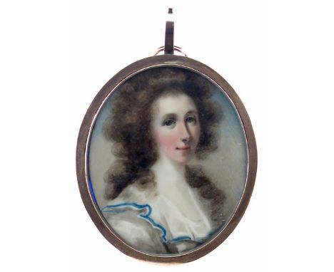 λ Abraham Daniel (c.1760-1806) Portrait miniature of a lady with curly hair, bust length, wearing white with a blue trim Oval