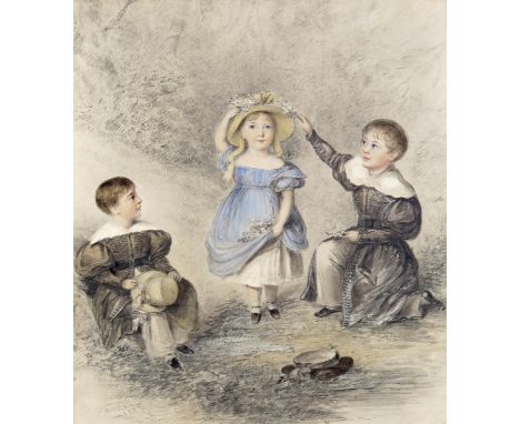 William Moore (1790-1851)  Three children playing  Signed and dated 1835  Watercolour with pencil  40 x 36cm; 15¾ x 14in  ++P
