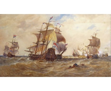 Thomas Bush Hardy R.B.A. (1842-1897) Blake and Von Tromp in the Straits of Dover, May 1652 Signed, titled and dated 1873 Wate