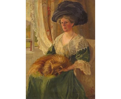 C. Thompson (19/20th Century) Portrait of a lady, seated wearing a hat with a dog on her lap Signed and dated Sept. 10th 1908