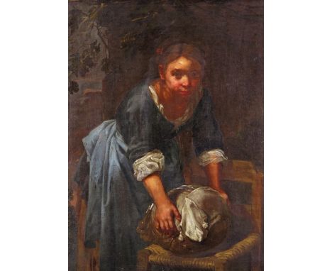 AMENDED Attributed to Bernhard Keil (Danish 1624-1687) Portrait of a lady standing, with a lace-making pillow on a chair in a