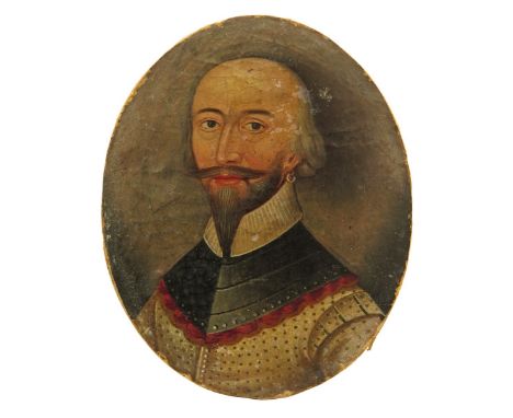 λ English School 17/18th Century Portrait miniature of a gentleman, head and shoulders wearing a doublet with a gorget Inscri